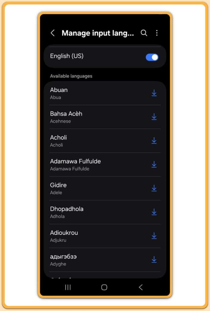 Manage input languages screen on Android keyboard
