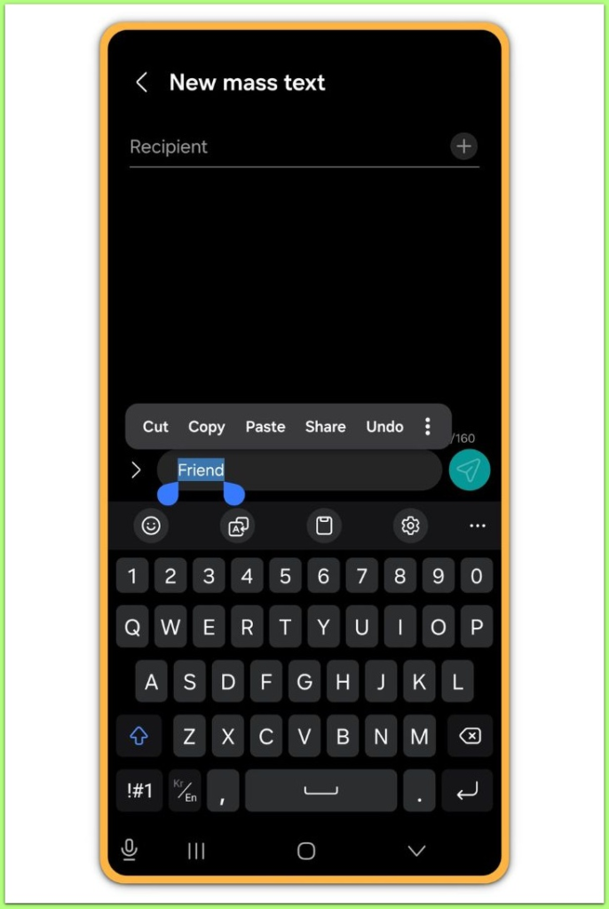 Android copy text option shown after selecting text
