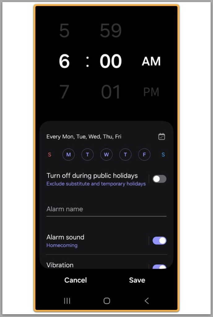 set alarm on android alarm edit screen with time repeat days and alarm sound