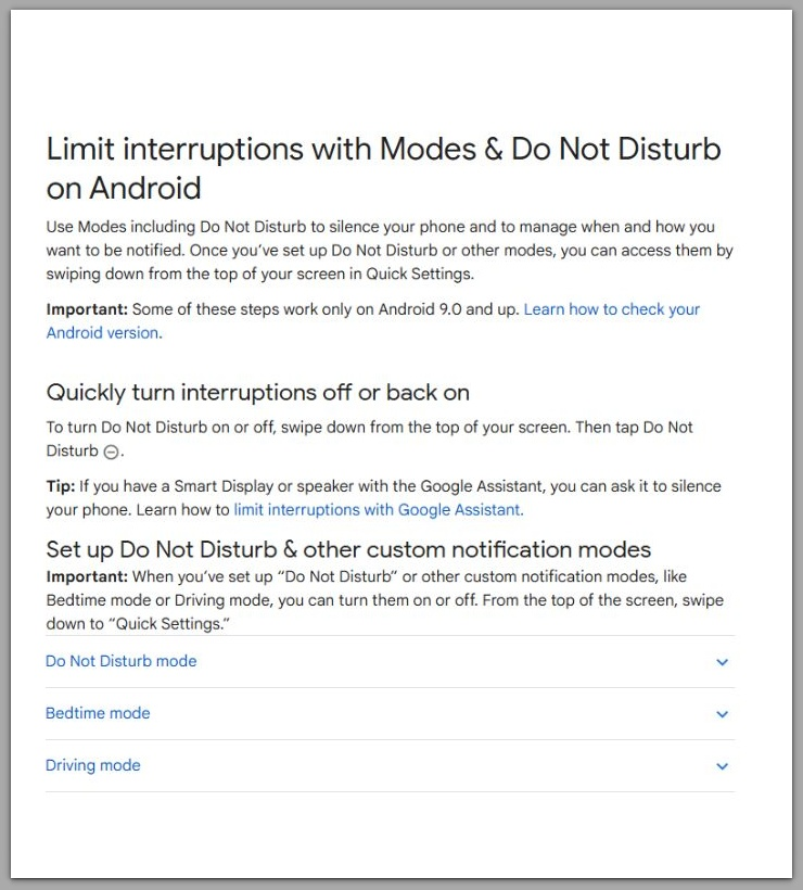 android help modes and do not disturb support page