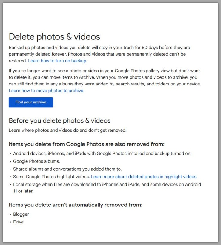 google photos support page showing delete photos and videos policy and trash retention period
