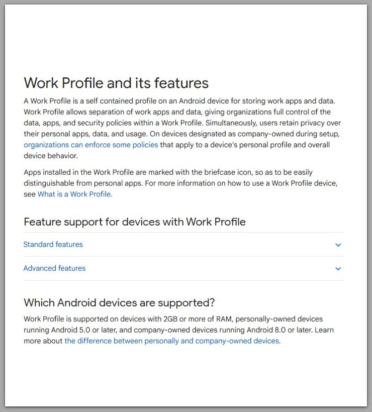 screenshot showing google support page explaining work profile features and policy-based restrictions on android