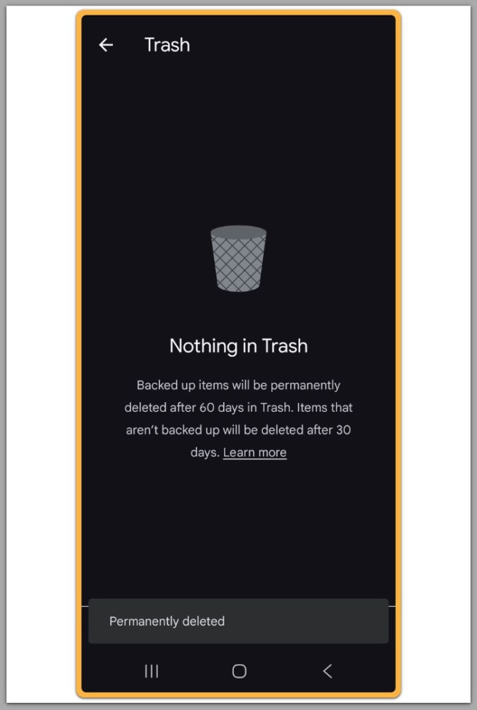 google photos trash empty after factory reset