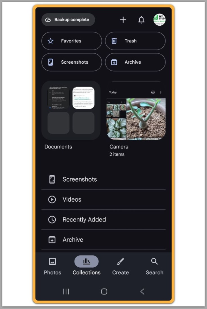 Google Photos collections screen showing albums like screenshots and documents
