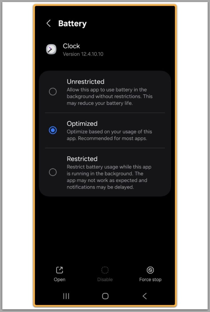 android clock app battery usage settings showing optimized and unrestricted options