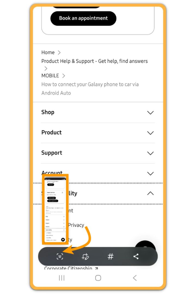 Android scrolling screenshot mode with capture more option expanding the page