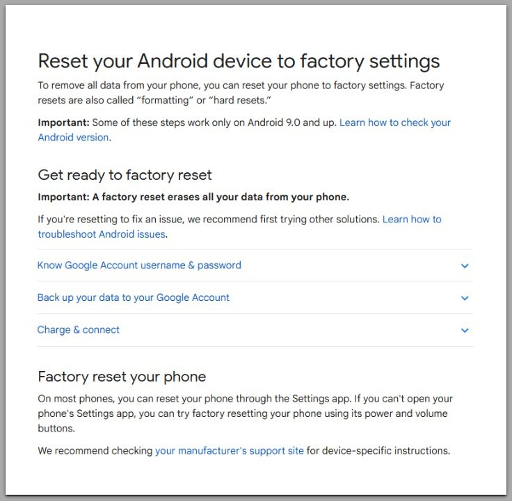 reset your android device to factory settings official support page