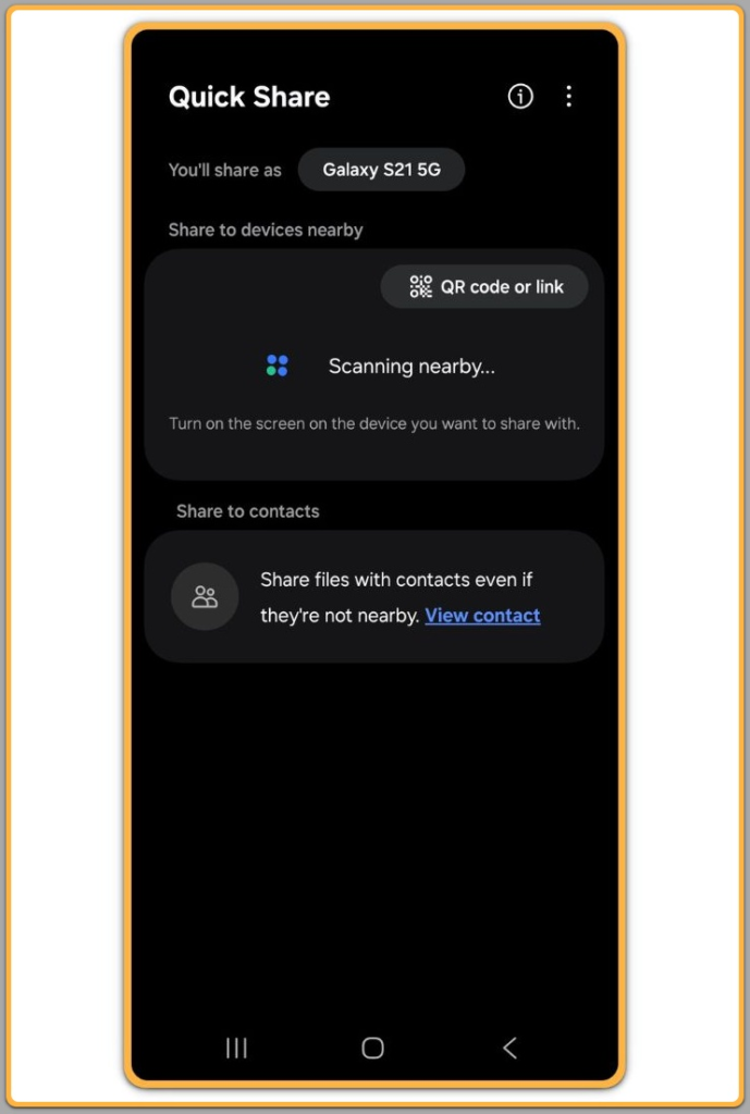 Quick Share screen on Android showing nearby device scanning