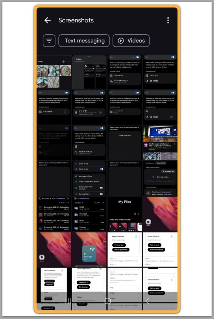 Screenshots album in Google Photos showing many screenshots on Android
