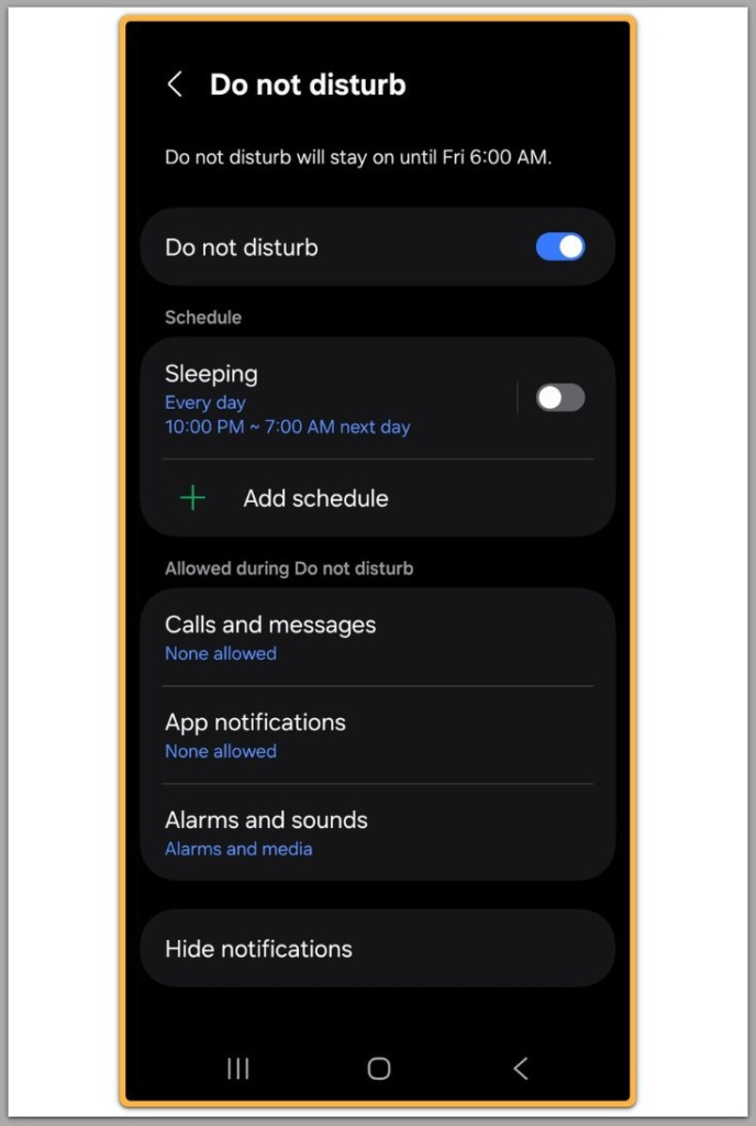 do not disturb settings on android showing alarms allowed while enabled