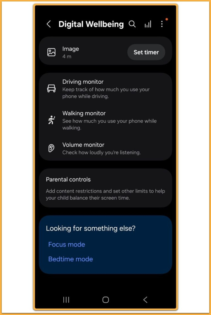 digital wellbeing menu showing focus mode and bedtime mode options