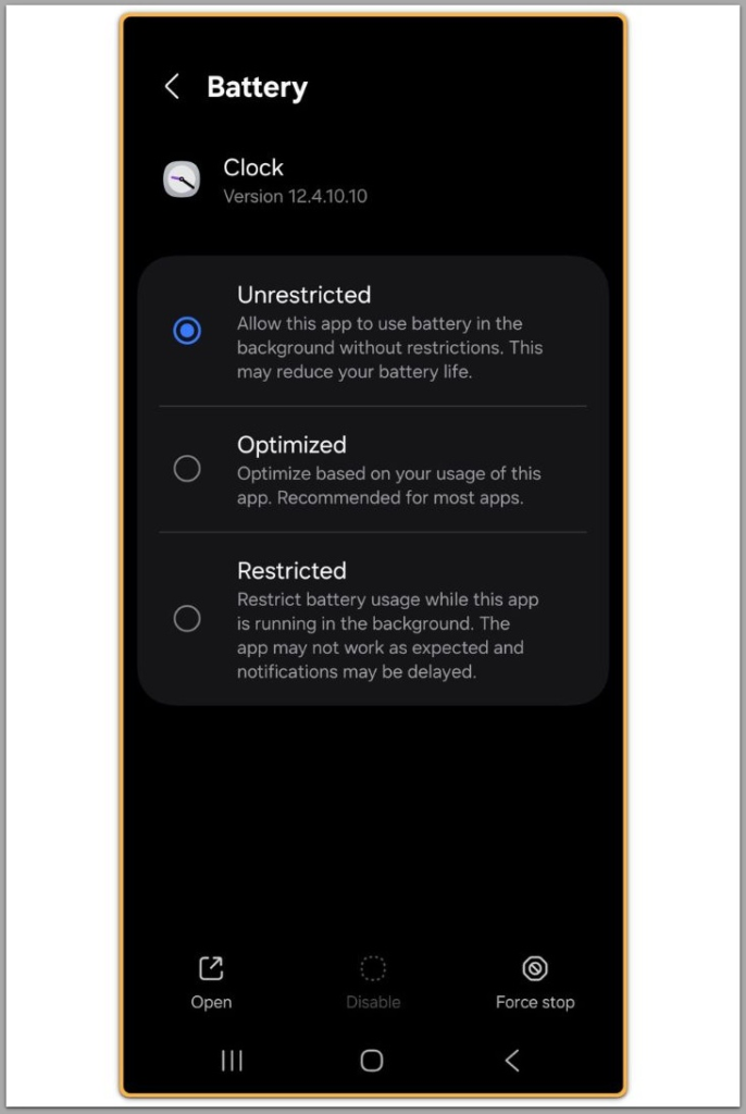 android clock battery unrestricted setting