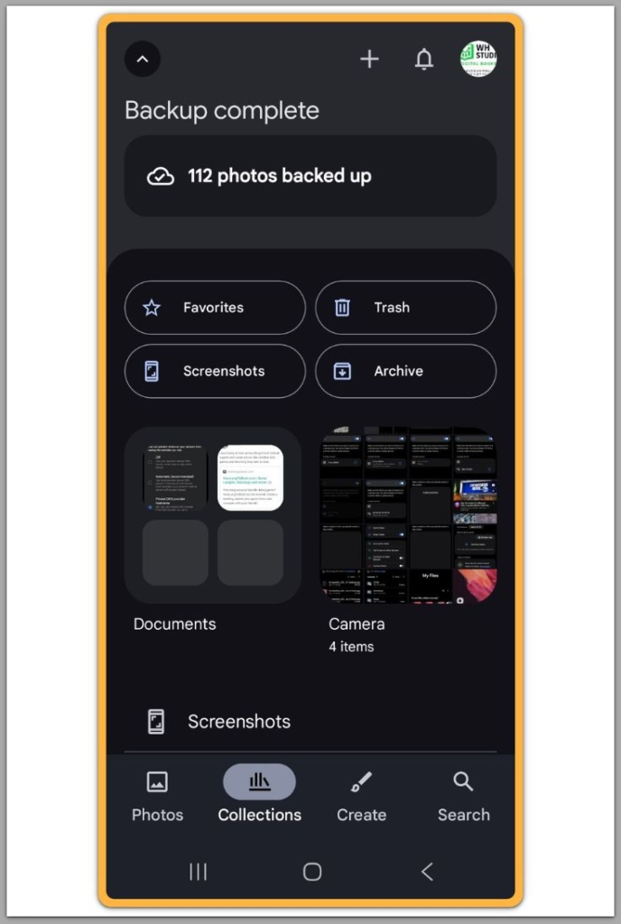 Google Photos backup status screen showing photos backed up on Android
