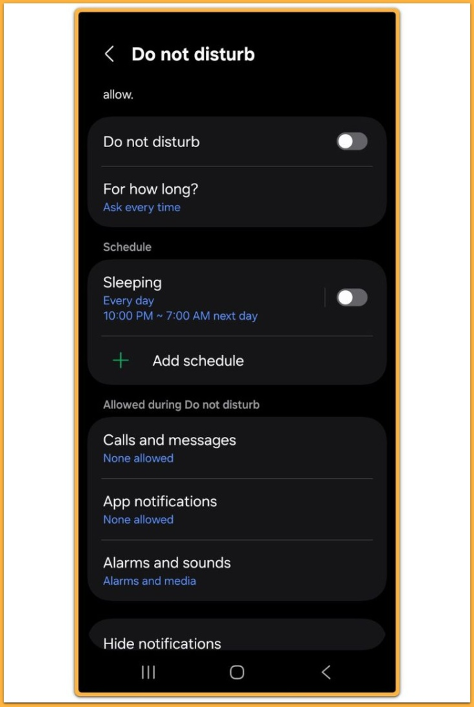 do not disturb settings screen with schedule and notification exceptions on android