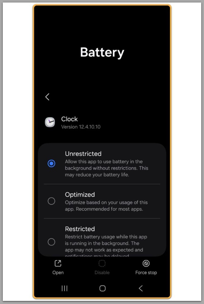 clock app battery unrestricted setting