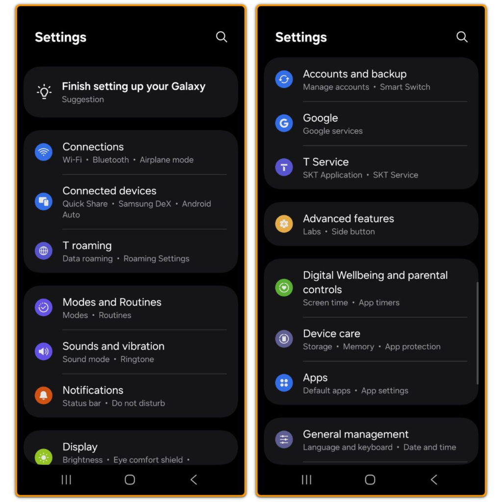 android settings main menu and accounts and backup screen on samsung galaxy