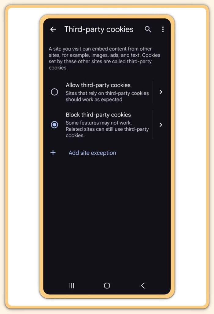 Google Chrome safety on Android block third party cookies
