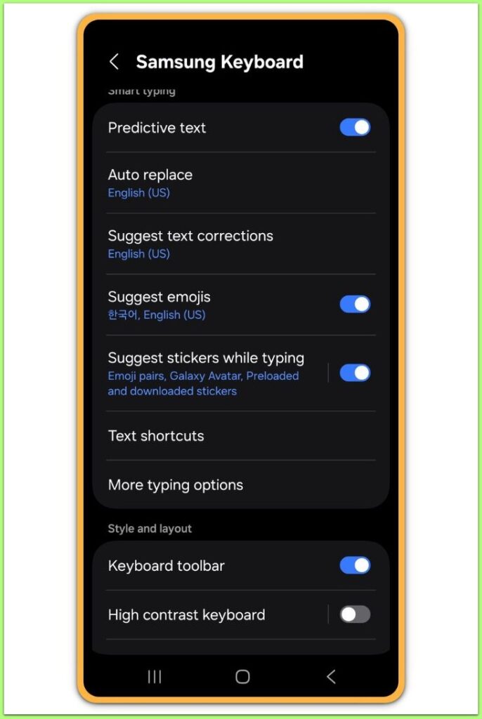 Samsung keyboard settings screen for clipboard troubleshooting