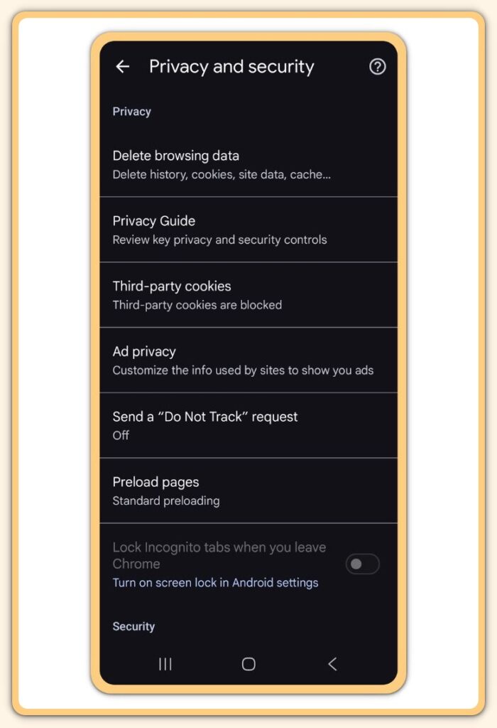 Google Chrome safety on Android privacy and security screen
