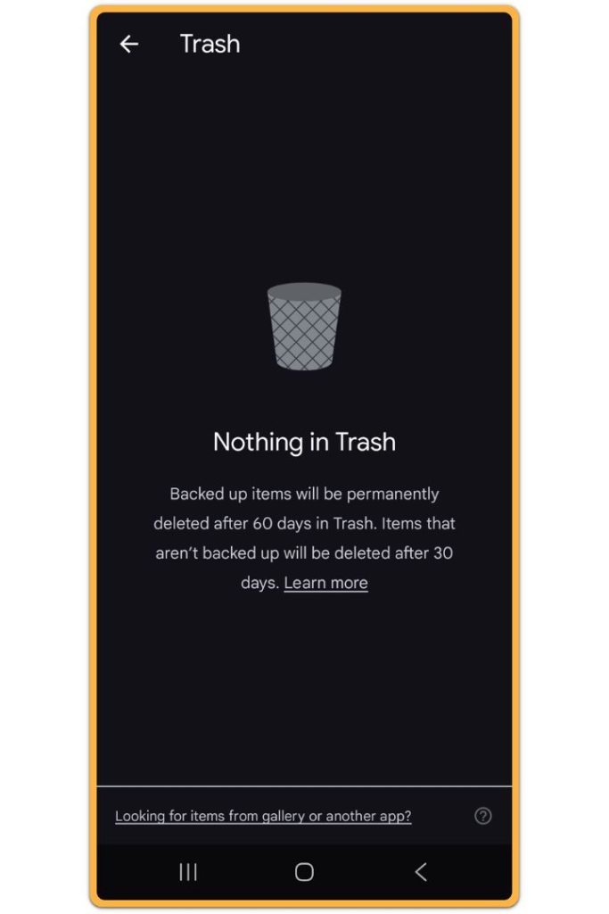 google photos trash screen showing nothing in trash and retention notice