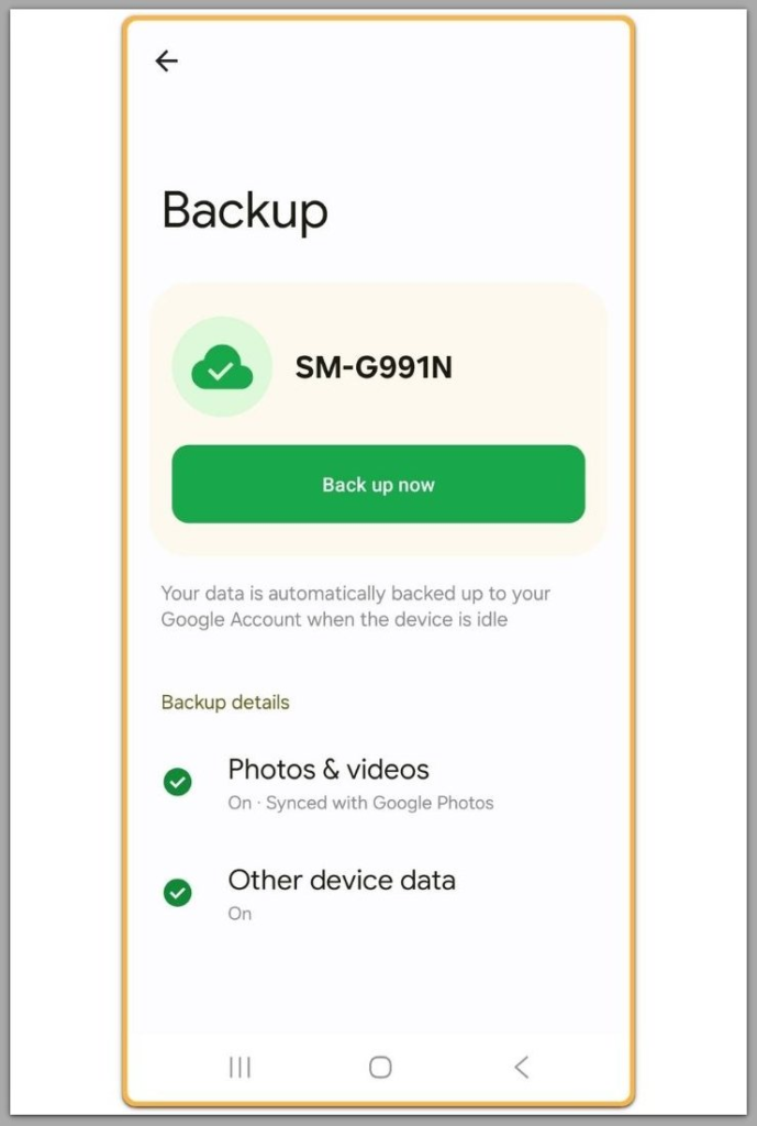 android backup screen showing back up now option enabled