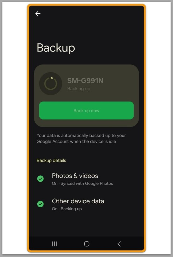 android backup screen showing backup listed but not selectable