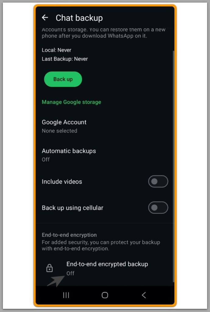 whatsapp encrypted backup setting showing end-to-end encrypted backup off on android