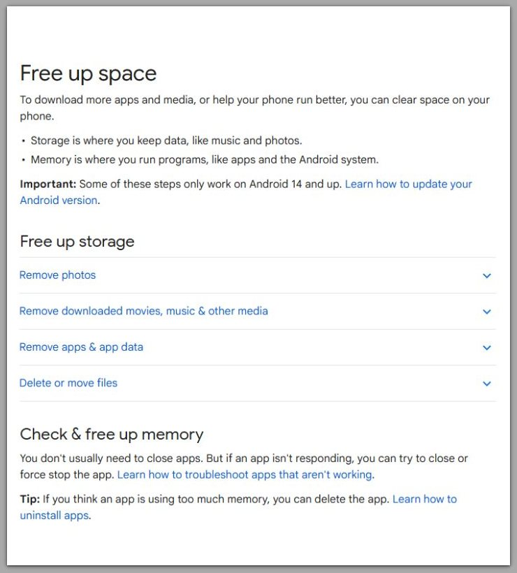 android help page showing how android manages and frees up storage space