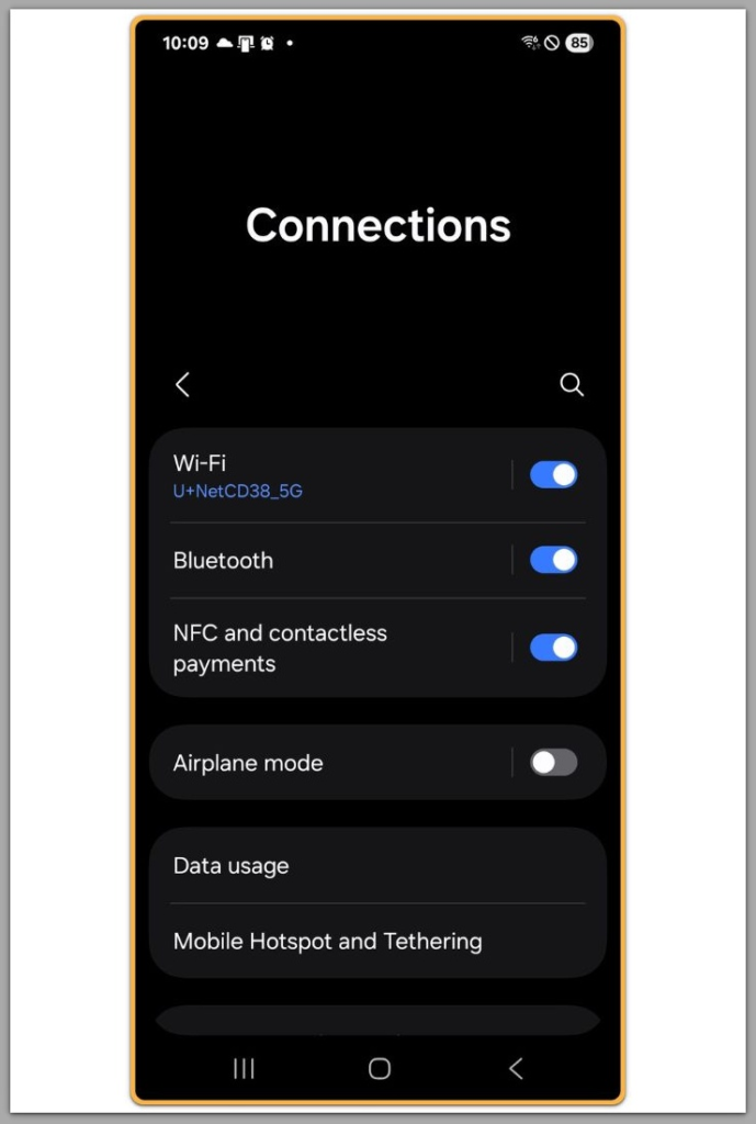 android connections screen showing wi-fi connected and no mobile network