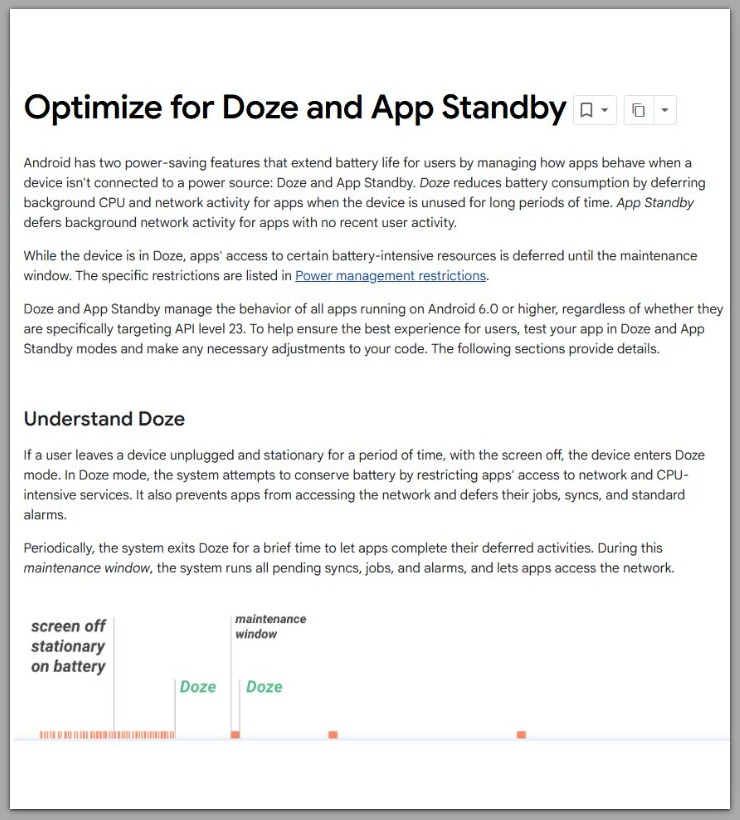android doze mode and app standby behavior showing deferred alarms during deep idle