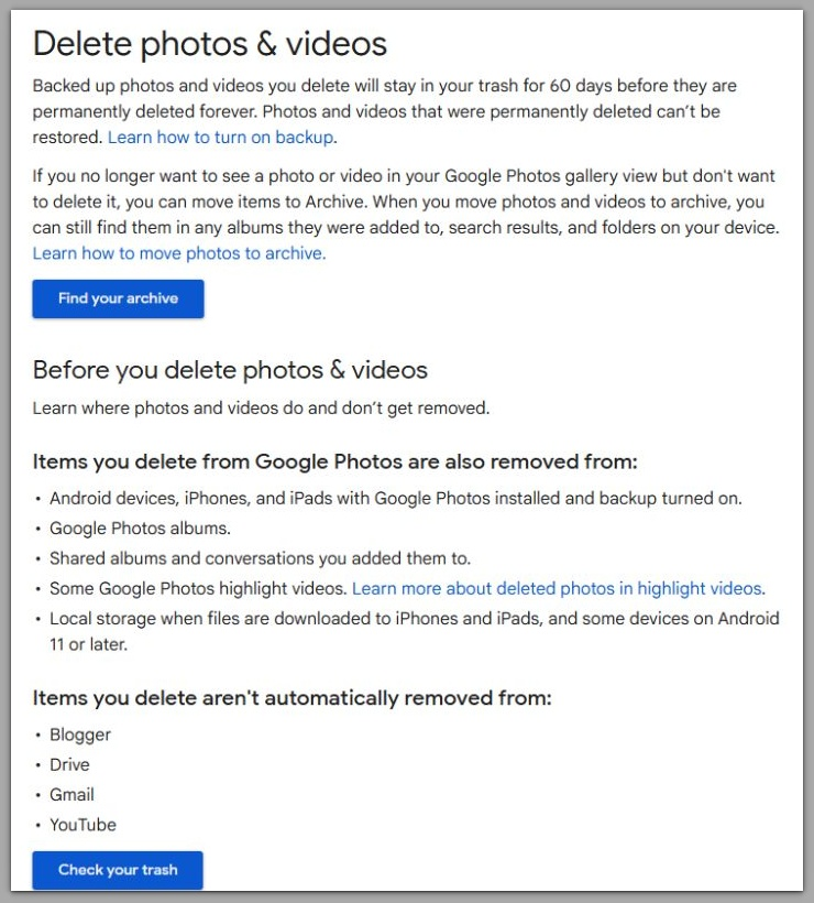 google photos delete photos and videos policy screen explaining backup retention
