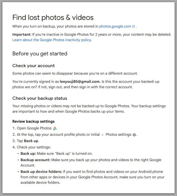 google photos help page showing how to find lost photos and videos by checking account and backup status after device change