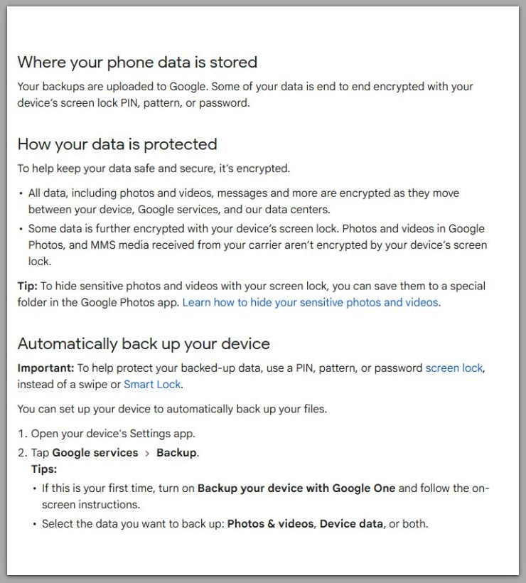 google support page explaining android data encryption and backup structure
