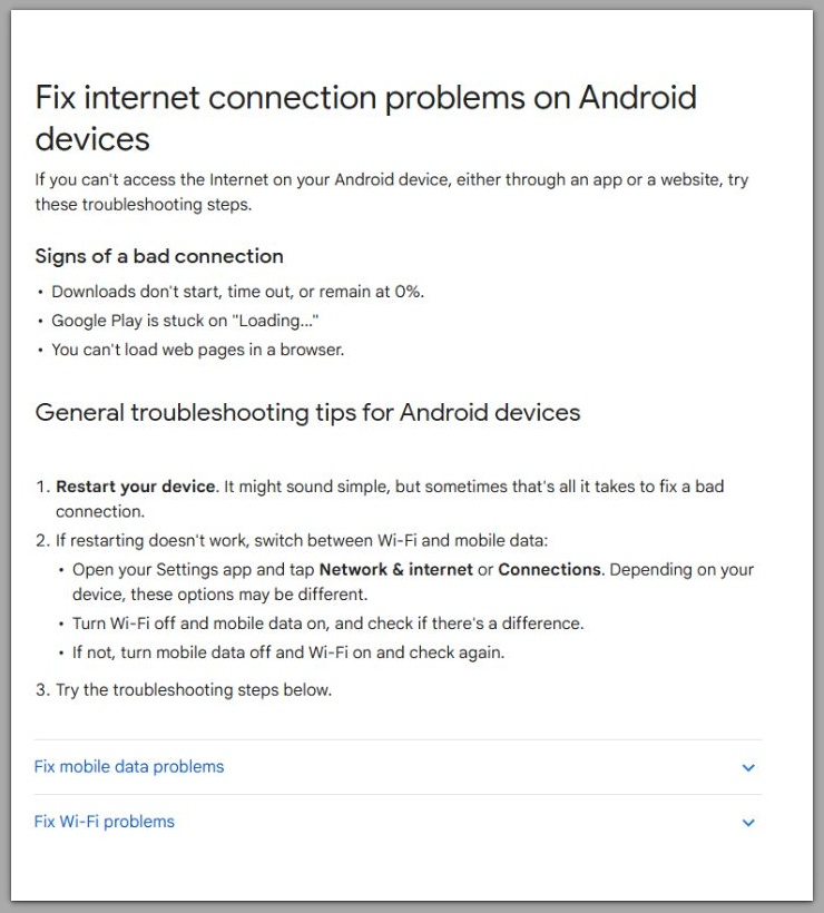 fix internet connection problems on android devices google support page