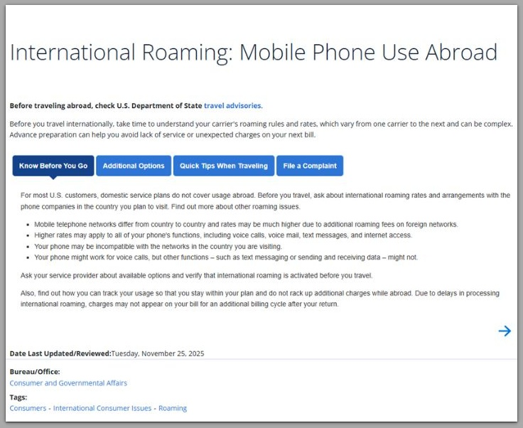fcc international roaming mobile phone use abroad page
