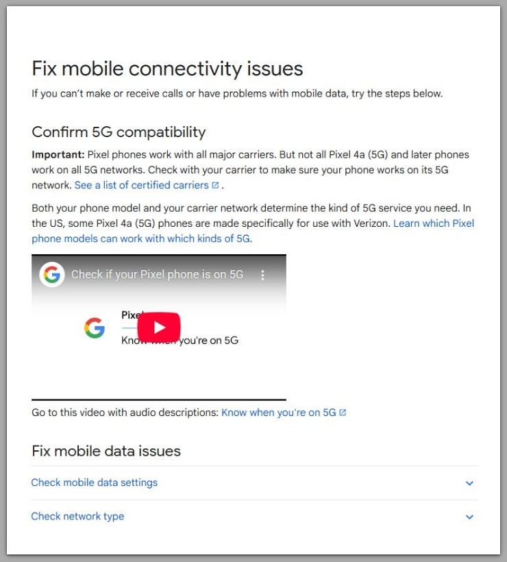 android help page showing fix mobile connectivity issues for no signal and mobile data problems