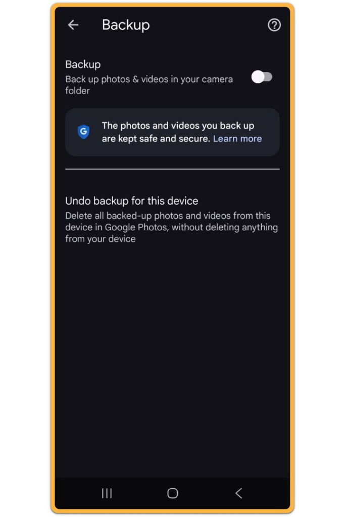 google photos backup settings screen showing backup turned off
