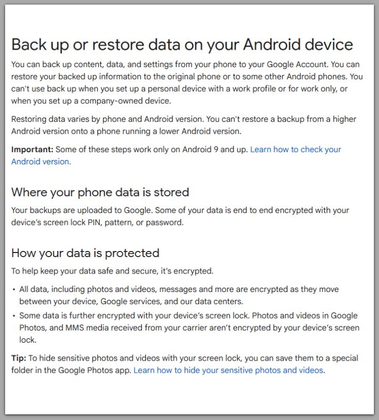 android backup data storage explanation from google help