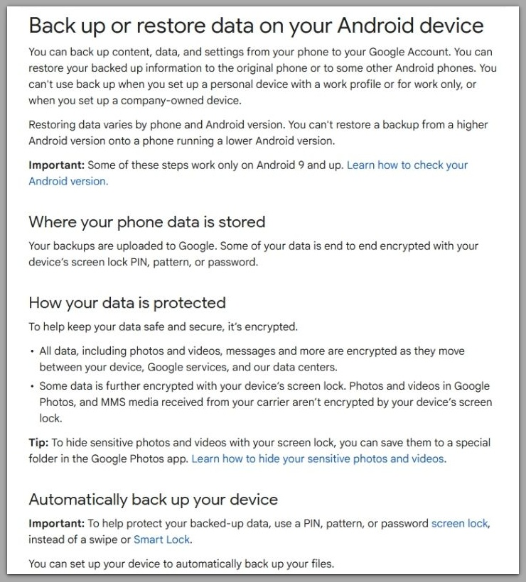 android backup and restore official google support documentation screen