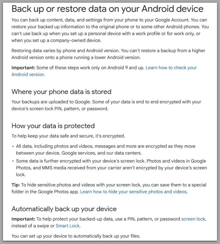 google android backup official documentation explaining how data is stored and protected