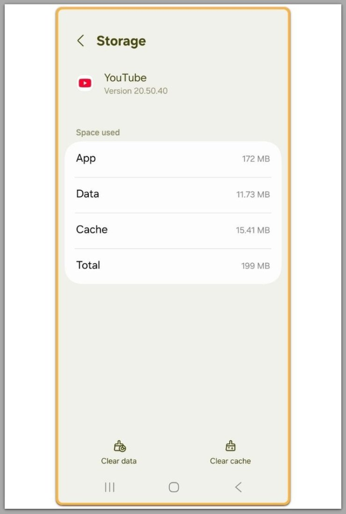 android app storage screen showing app data and cache separated