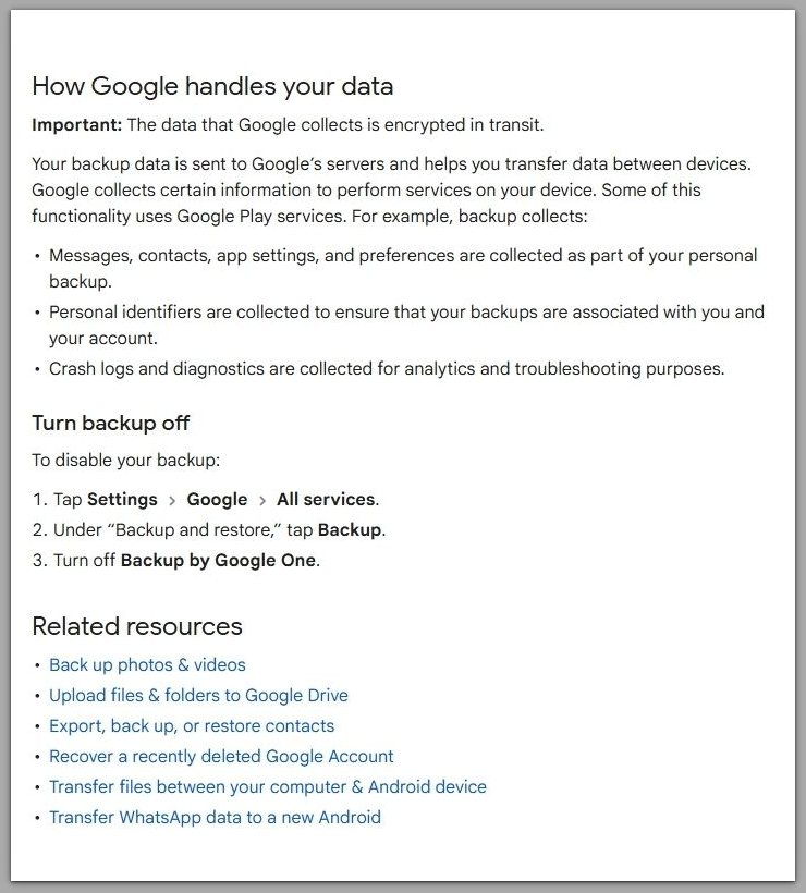 google android backup help page explaining system-level backup and restore handling
