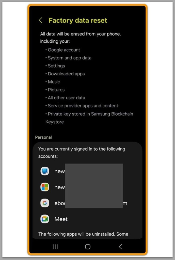 android factory data reset screen listing data that will be erased