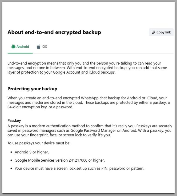 whatsapp help center page showing about end-to-end encrypted backup for android with encryption key and passkey explanation