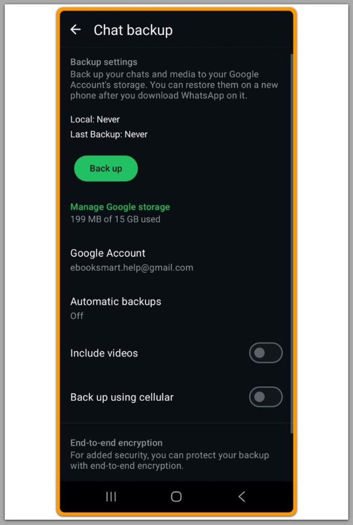 whatsapp chat backup screen showing google drive account connected on android