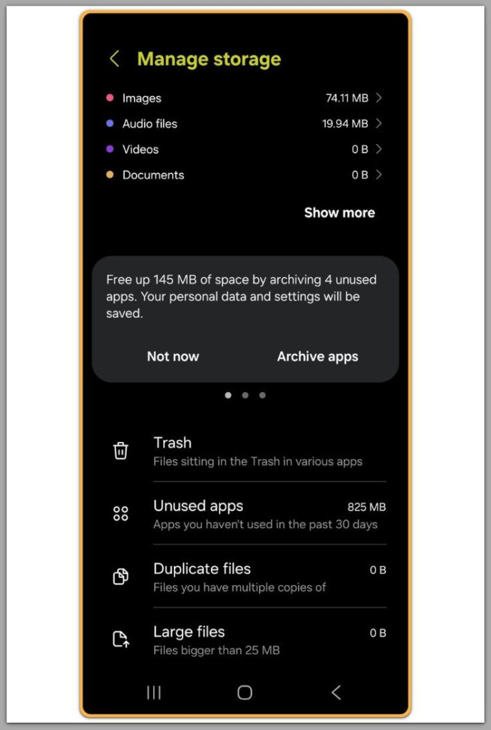 android manage storage categories showing unchanged storage usage after deletion
