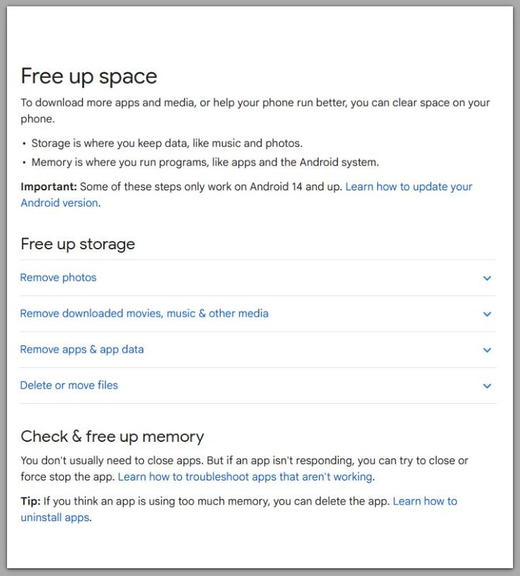 android free up storage official help page