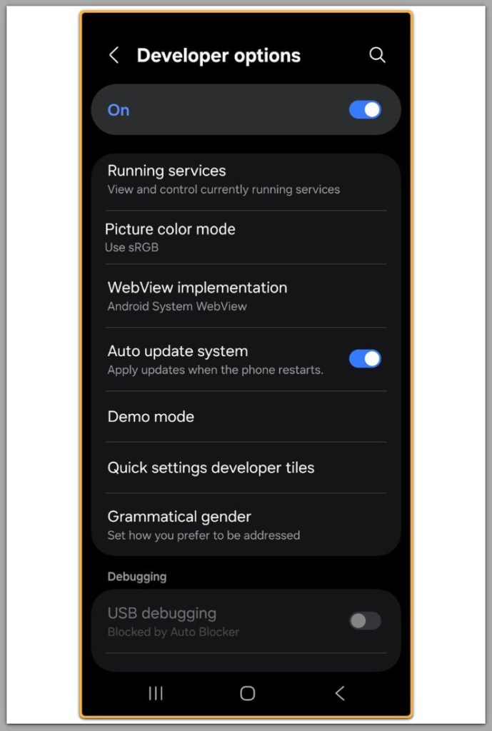 android developer options screen showing system level settings
