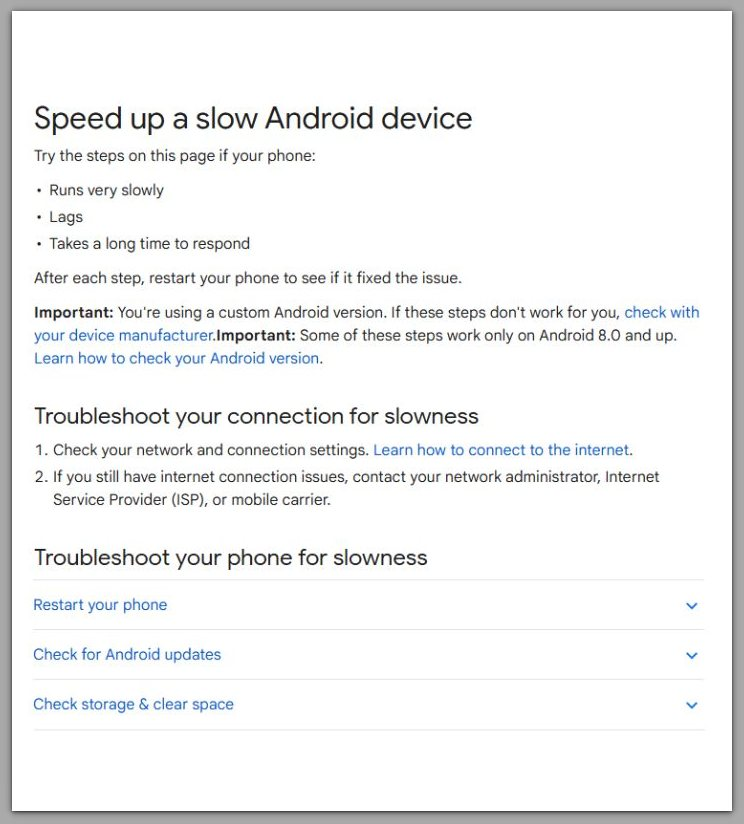 google android help page showing speed up a slow android device after update