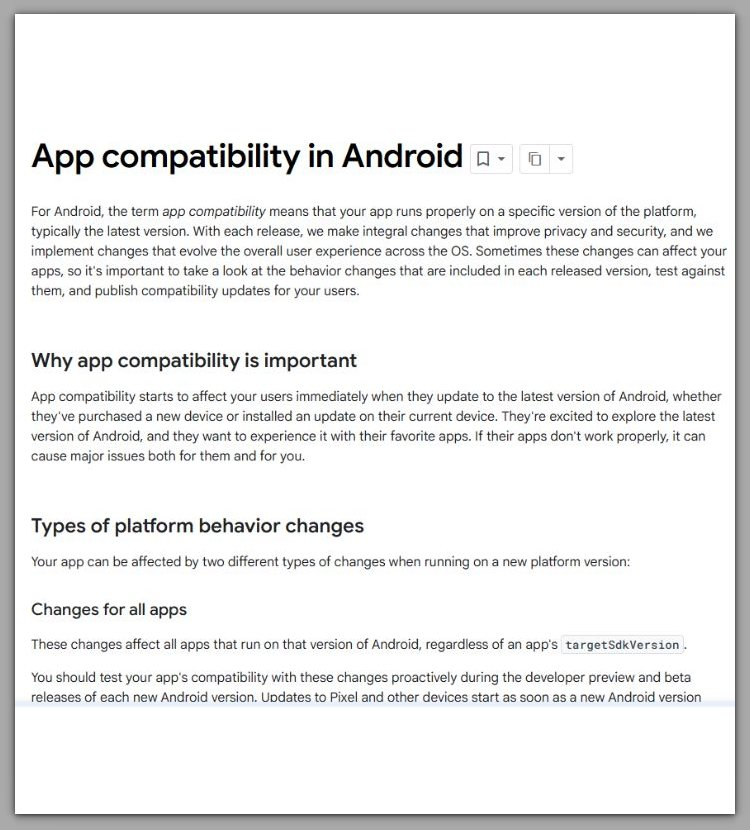 android app compatibility documentation explaining platform behavior changes after os update